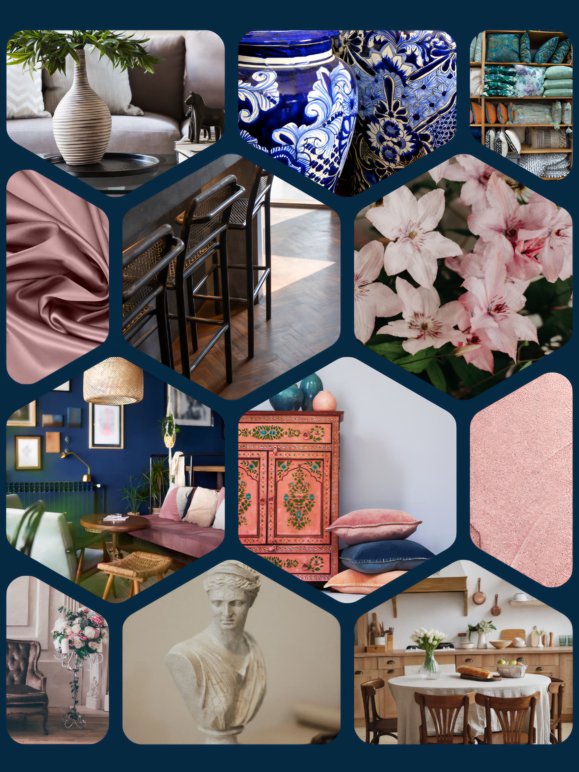 collage of blush, blue, and pink inspiration images of flowers, silk, pottery, statues, and interiors